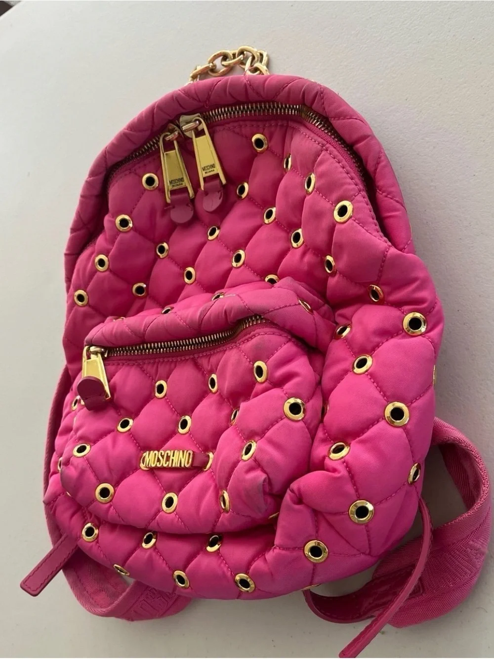 Moschino Hot Pink Quilted Eyelet Backpack with Gold Hardware